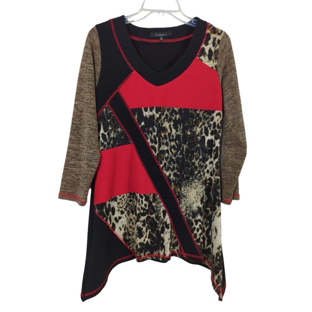 Calesas Patch Block 3/4" sleeve V neck Asymmetrical hem women top sz S